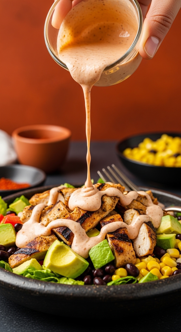 Chipotle Ranch Dressing Drizzling Over Southwest Chicken Salad With Avocado Black Beans And Corn In Rustic Bowl