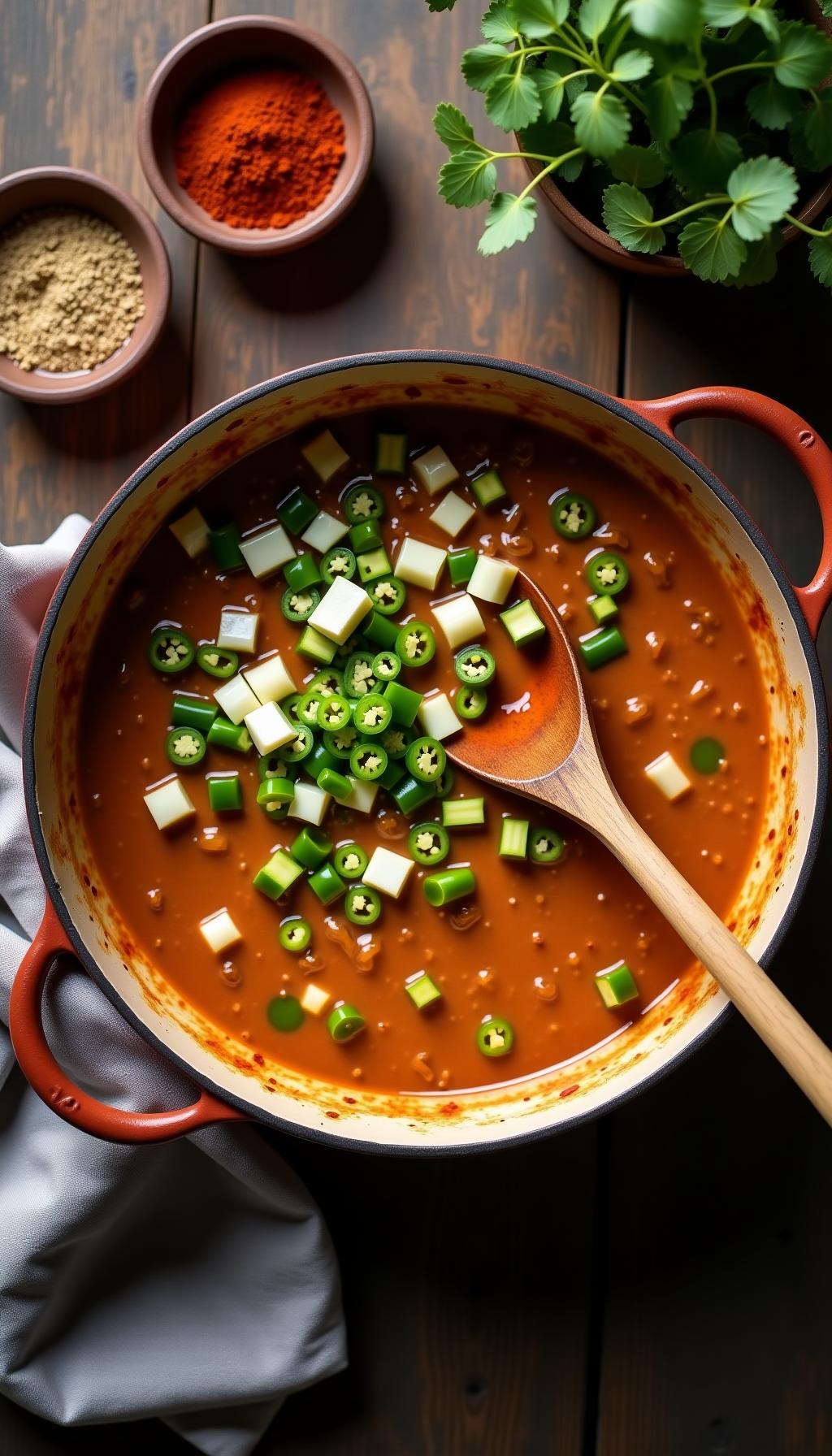 Chopped Onions And Jalapeños Sizzling In Dutch Oven With Wooden Spoon And Spice Bowls