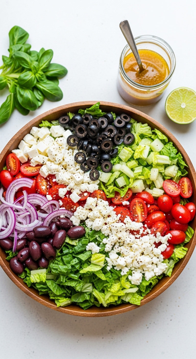 Chopped Romaine Salad Tomatoes Onions Olives Feta Honey Lime Dressing Blog Post