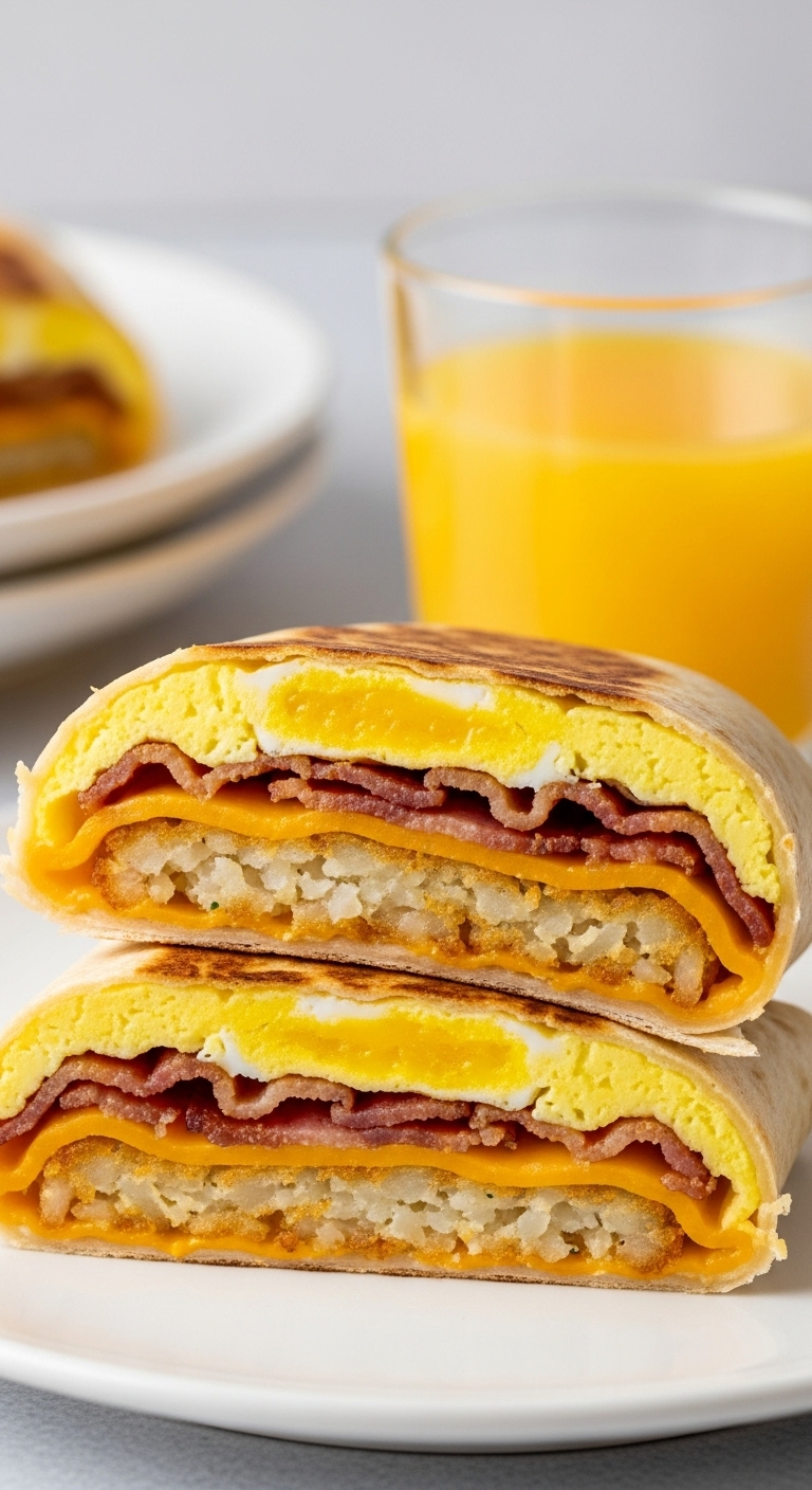 Classic-Breakfast-Crunch-Wrap-Scrambled-Eggs-Bacon-Hash-Brown-Melted-Cheddar-Orange-Juice