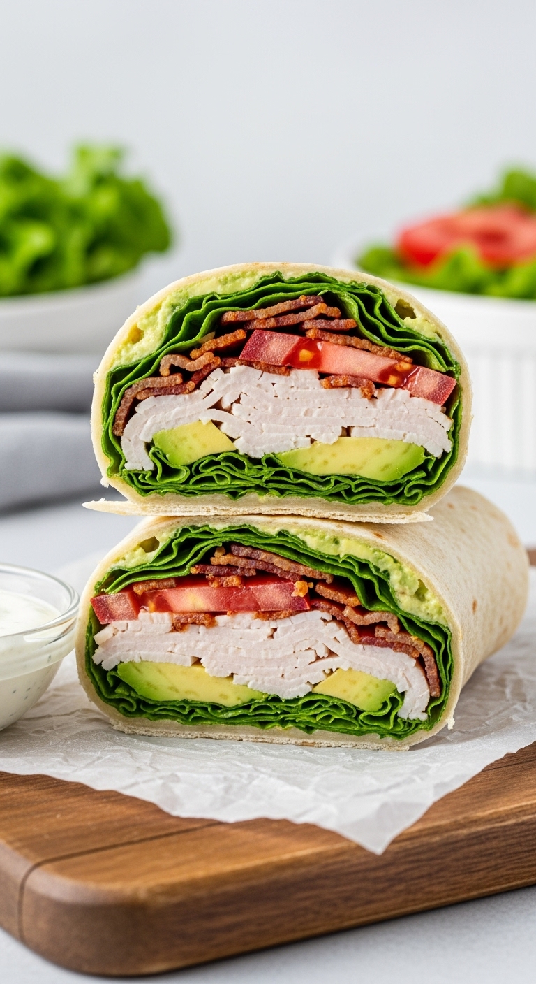 Classic-California-Turkey-Club-Wrap-Sliced-Avocado-Bacon-Lettuce-Tomato-Ranch-Dressing-Rustic-Board