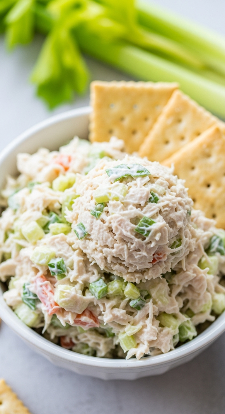 Classic Carol Chicken Salad Closeup Creamy Texture Crackers Celery Blog Post