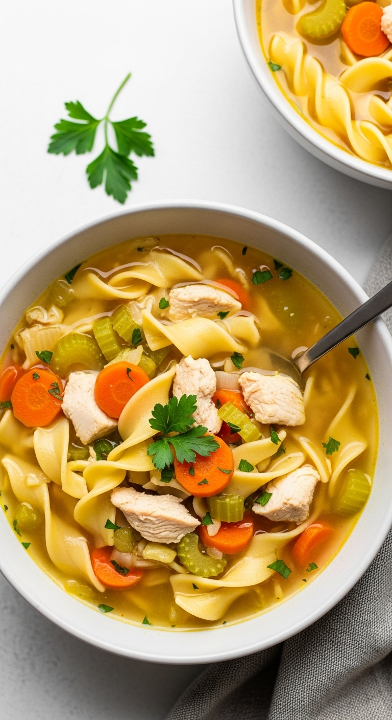 Classic-Chicken-Noodle-Soup-Ceramic-Bowl-Fresh-Parsley-Egg-Noodles