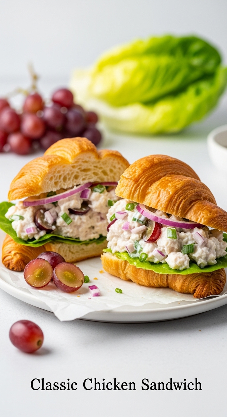 Classic Chicken Salad Sandwich On Flaky Croissant With Grapes And Lettuce On Parchment Paper