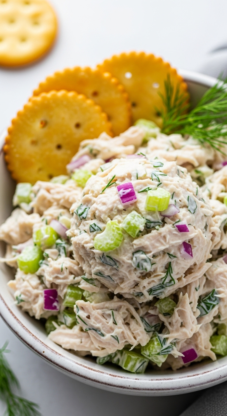 Classic Chicken Salad White Ceramic Bowl Crackers Dill Blog Post
