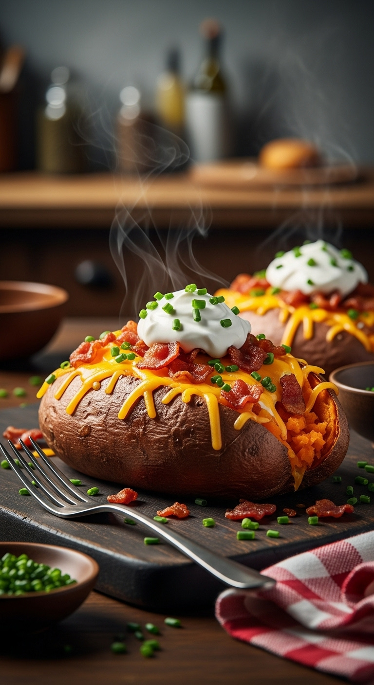 Classic Comfort Loaded Baked Potato Style Sweet Potato Cheddar Bacon Sour Cream Chives Rustic Wood Board Vertical