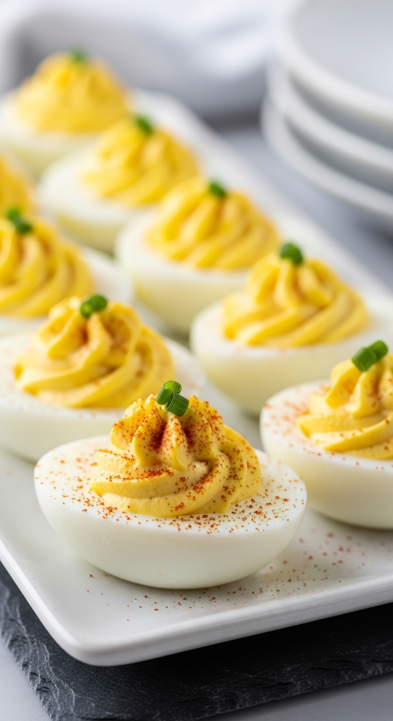 Classic-Deviled-Eggs-Piped-Filling-Paprika-Chives-Platter-Spring-Light