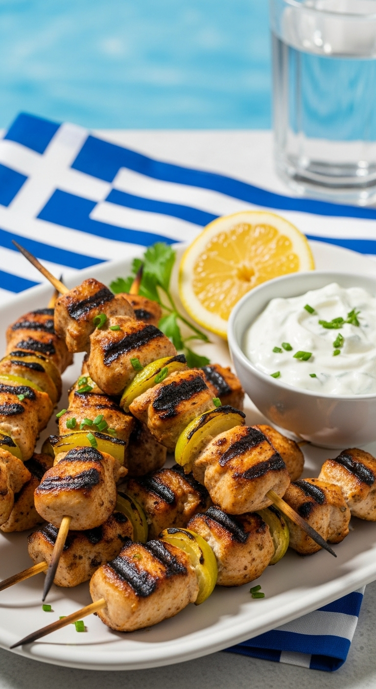 Classic-Greek-Chicken-Souvlaki-Charred-Skewers-Tzatziki-Lemon-Herbs-Platter