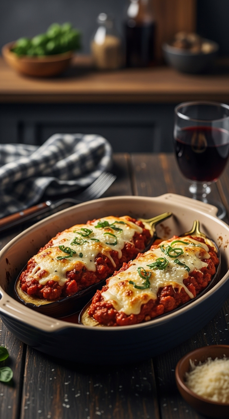 Classic Italian Sausage Stuffed Eggplant Halves With Tomato Filling Melted Mozzarella And Parmesan Basil Garnish In Rustic Dish On Dark Wood Table