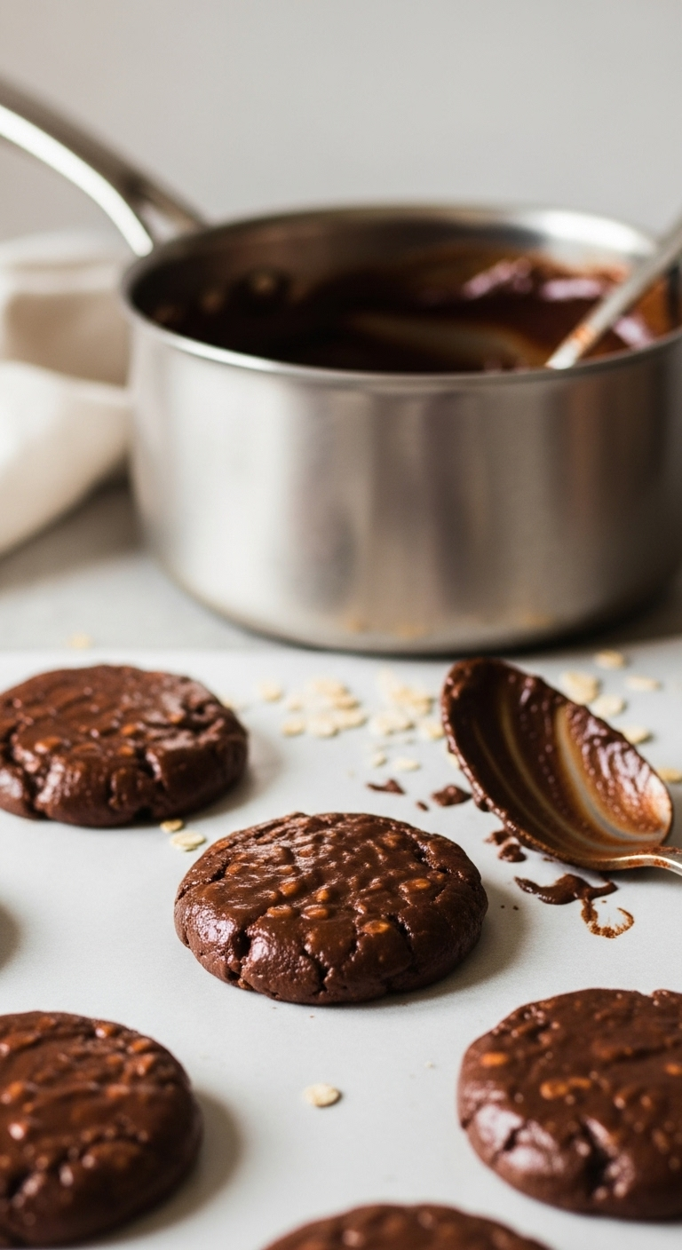 Classic-No-Bake-Chocolate-Peanut-Butter-Cookies-Parchment-Paper-Saucepan-Spoon