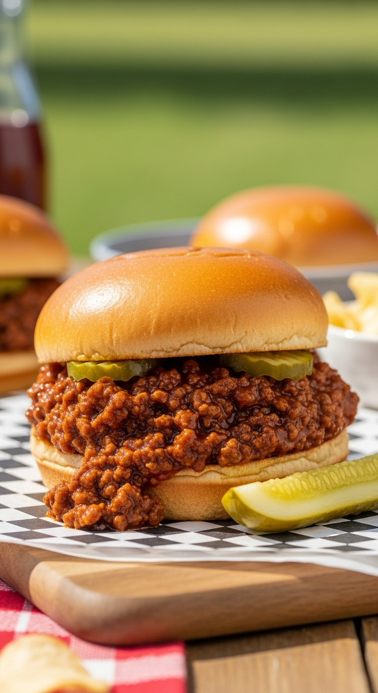 Classic-Sloppy-Joe-Sandwich-With-Toasted-Brioche-Bun-And-Pickle-Spear
