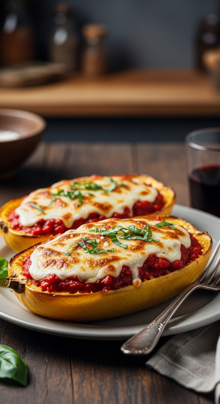 Classic Spaghetti Squash Parmesan Boats With Marinara And Melted Mozzarella On Rustic Wood With Basil Garnish Fork On Linen And A Glass Of Red Wine
