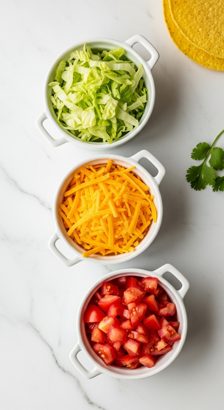 Classic-Taco-Toppings-Shredded-Lettuce-Cheddar-Cheese-Diced-Tomatoes-On-Marble-Countertop
