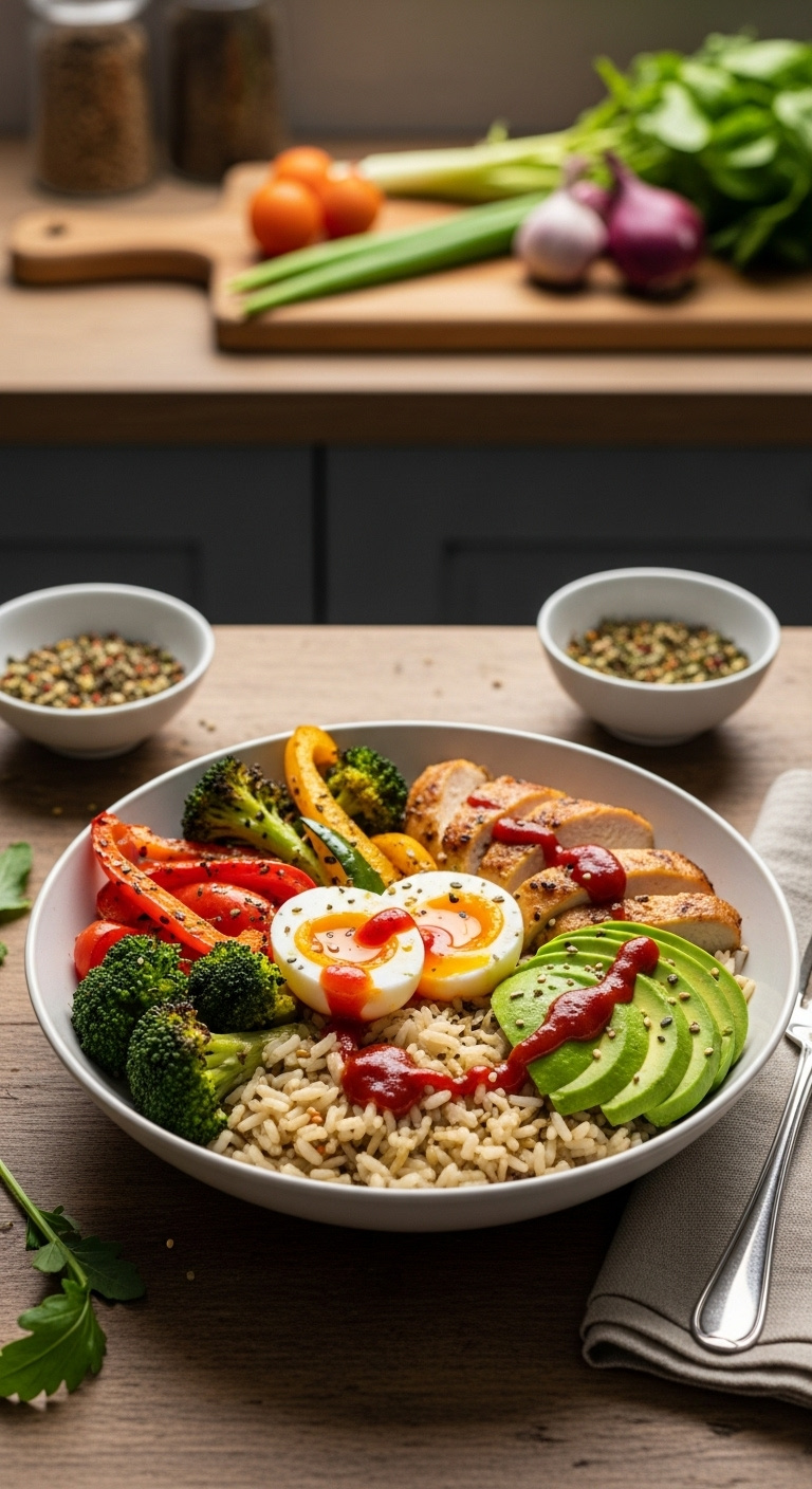Clean Out The Fridge Rice Bowl Roasted Vegetables Grilled Chicken Soft Boiled Egg Avocado Homemade Sauce Rustic Wood Table Vertical