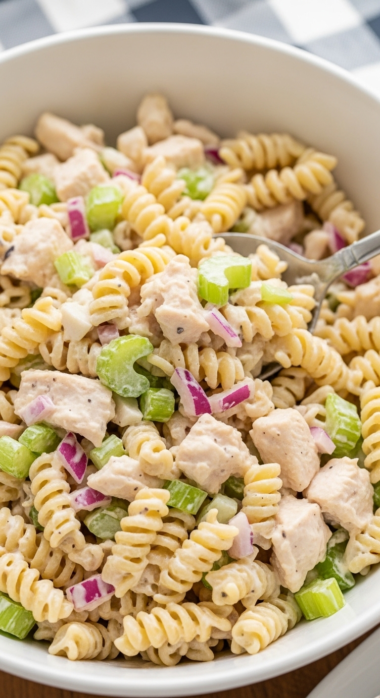 Close-Up Of Creamy Chicken Pasta Salad With Rotini Chicken Celery Red Onion In White Bowl With Checkered Blanket Background