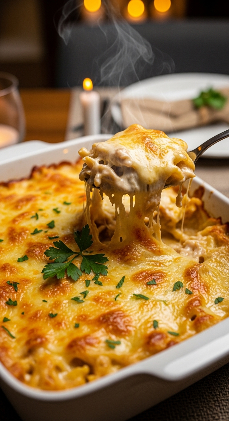 Close-Up Of Golden-Brown Chicken Tetrazzini With Creamy Cheese Pull And Parsley Garnish In White Ceramic Dish