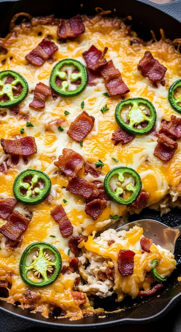 Close-Up Of Jalapeño Popper Chicken Casserole In Cast Iron Skillet With Melted Cheese Bacon Bits And Sliced Jalapeños