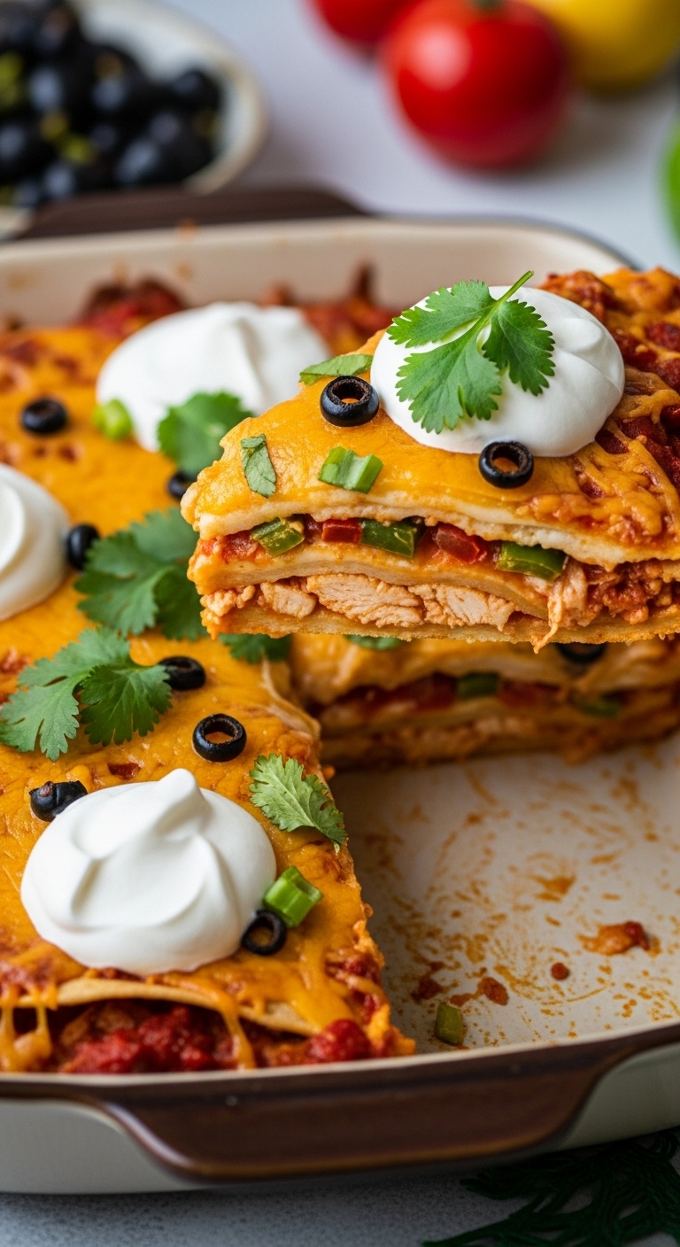 Close-Up Of Mexican Chicken Casserole With Layers Of Tortillas Chicken Cheese Cilantro And Sour Cream