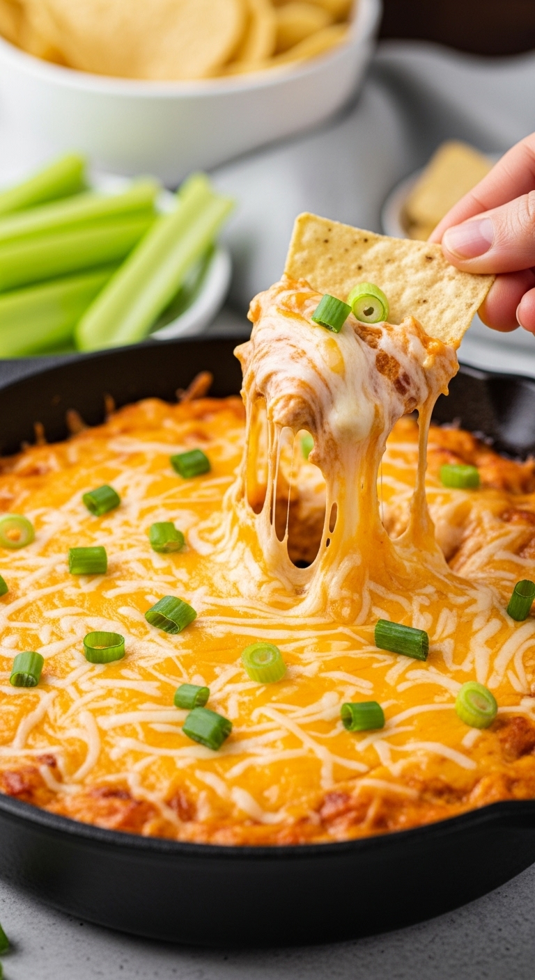 Close-Up Shot Of Cheesy Buffalo Chicken Dip In Cast Iron Skillet With Tortilla Chip Pulling Up Melted Cheese And Sliced Green Onions