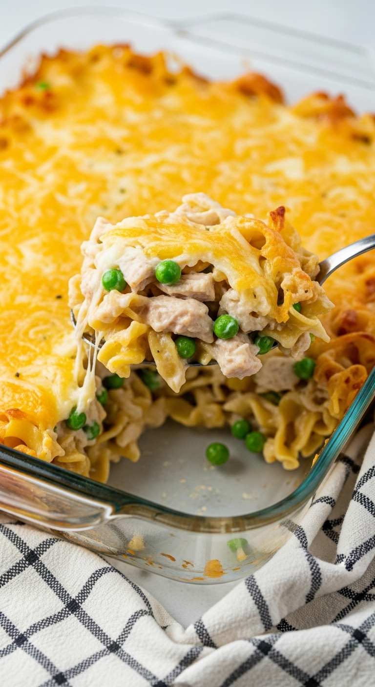 Close-Up Shot Of Chicken Noodle Casserole With Golden-Brown Cheesy Top And Creamy Layers Of Noodles Chicken And Peas