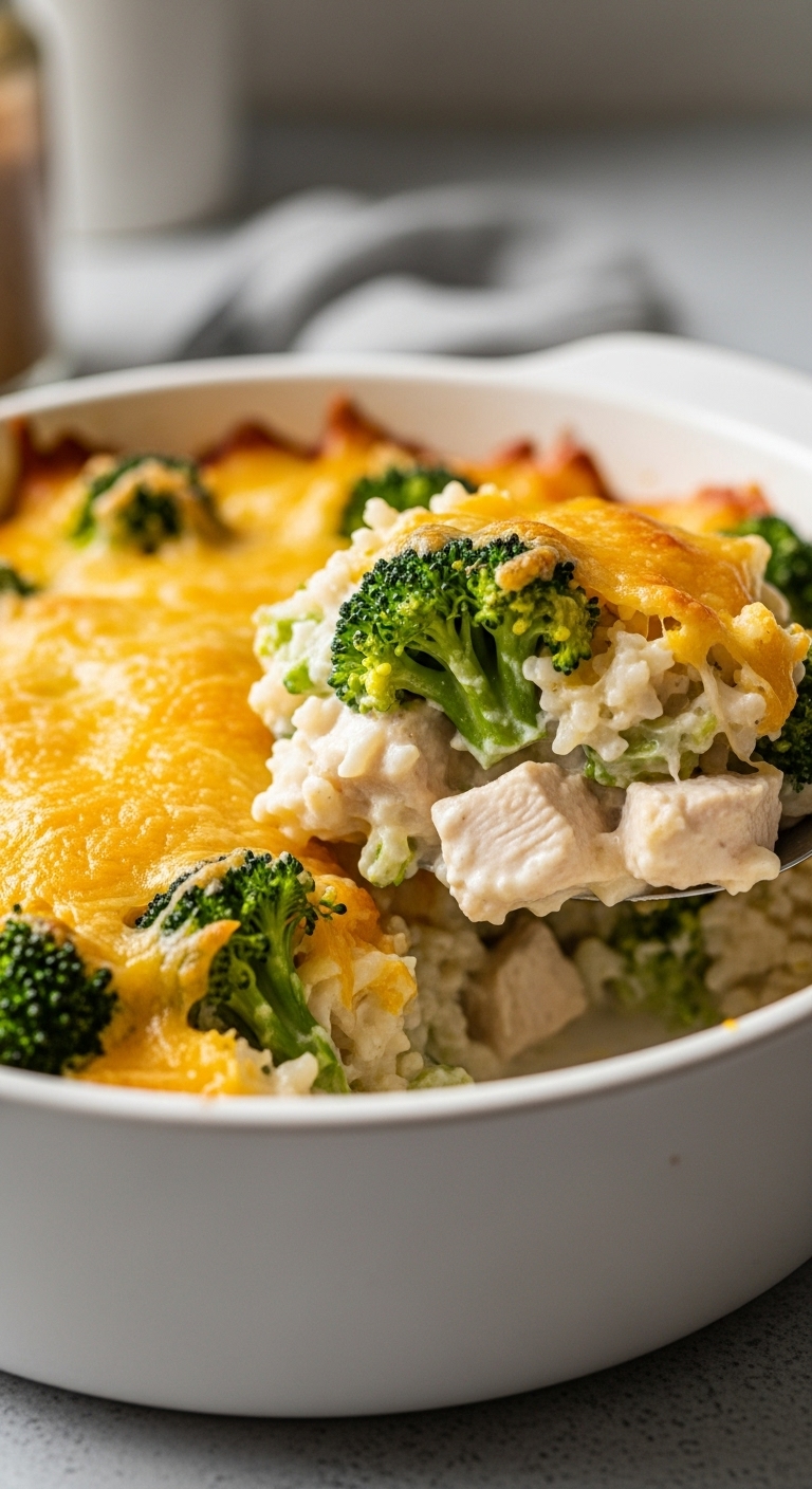 Close-Up Shot Of Creamy Chicken And Broccoli Casserole With Golden-Brown Top And Visible Chunks Of Chicken And Broccoli