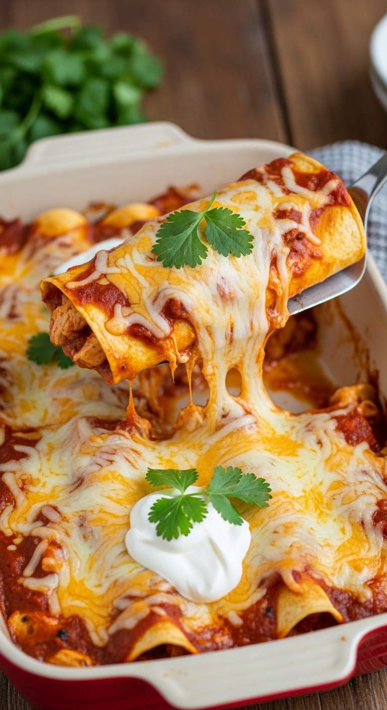 Close-Up Shot Of Creamy Chicken Enchiladas Being Lifted From Ceramic Dish With Cilantro And Sour Cream Garnish