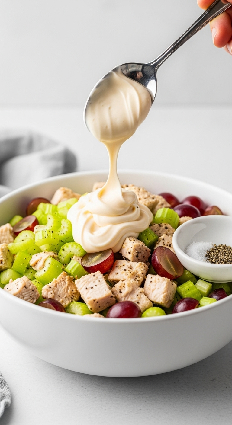 Close-Up Shot Of Creamy Mayonnaise Being Added To Bowl Of Chicken Celery And Grapes With Salt And Pepper Pinch Bowl Nearby