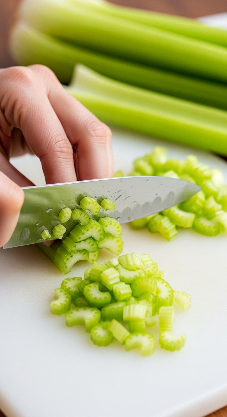 Close-Up Shot Of Hands Dicing Bright Green Celery On White Cutting Board With Natural Wood Tones In The Background