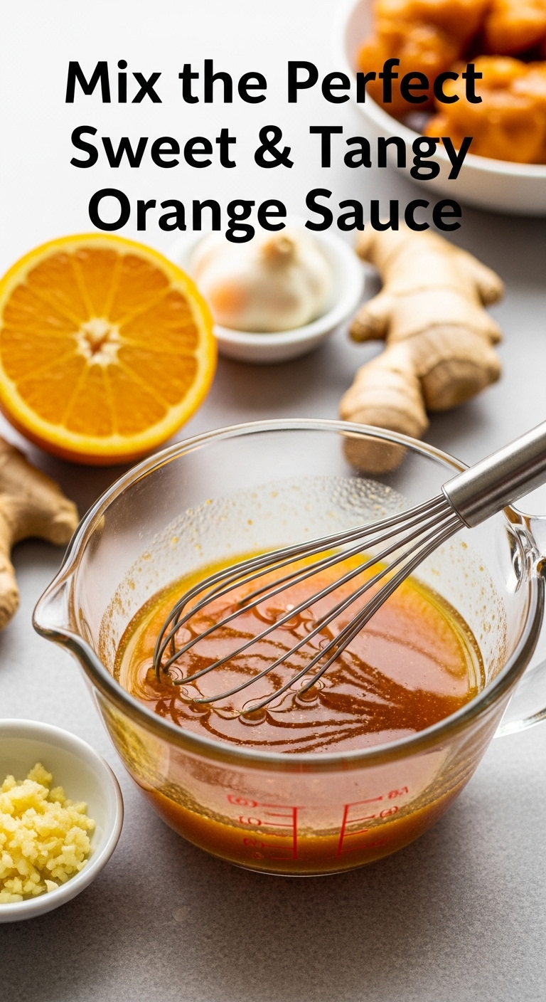 Close-Up Shot Of Sweet Tangy Orange Sauce In Bowl With Orange Garlic And Ginger Ingredients