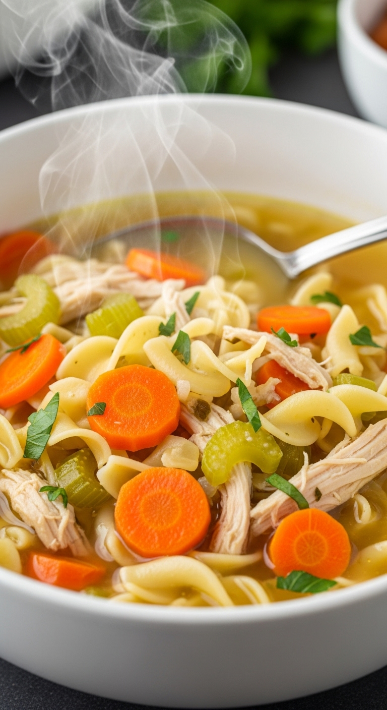 Close-Up Shot Of Ultimate Chicken Noodle Soup With Egg Noodles Shredded Chicken Carrots And Steam Rising