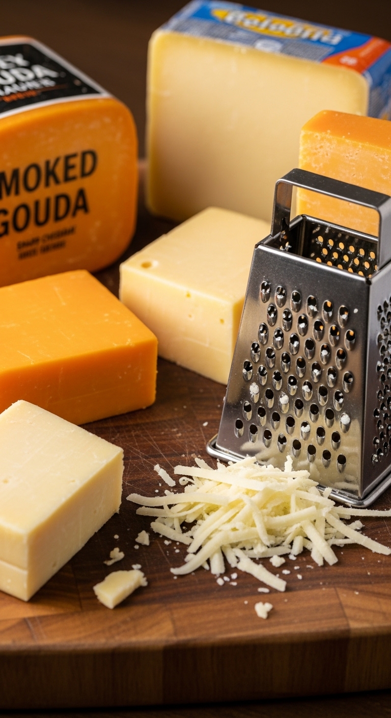Close Up Wooden Cheese Board With Smoked Gouda Sharp Cheddar And Monterey Jack With Cheese Grater