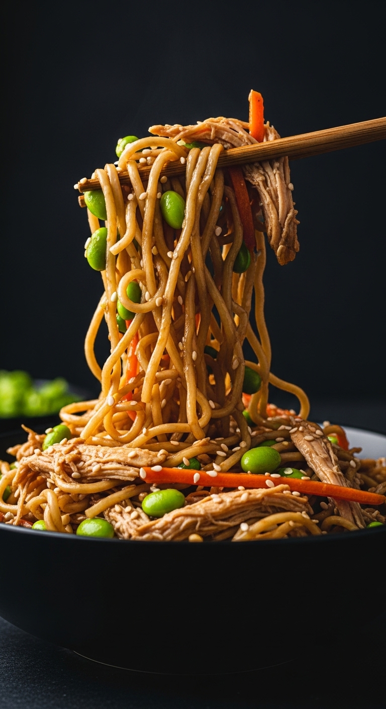 Cold-Sesame-Noodles-Shredded-Chicken-Chopsticks-Glossy-Sauce-Edamame-Carrots-Dark-Background