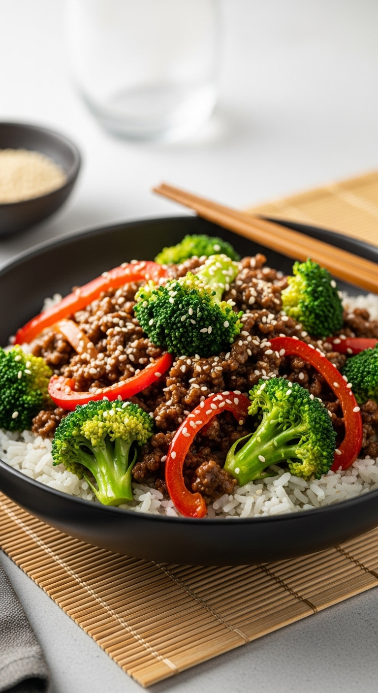 Colorful-Ground-Beef-Stir-Fry-With-Broccoli-Red-Bell-Peppers-And-White-Rice