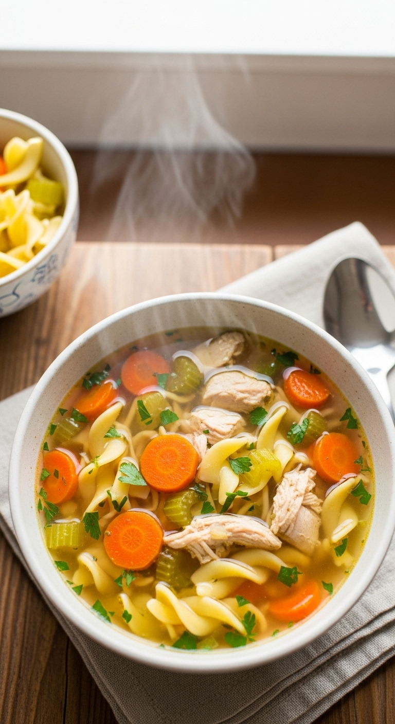 Cozy Crock Pot Chicken Noodle Soup In Ceramic Bowl With Chicken Carrots Noodles And Steam On Rustic Wooden Table With Linen Napkin And Spoon