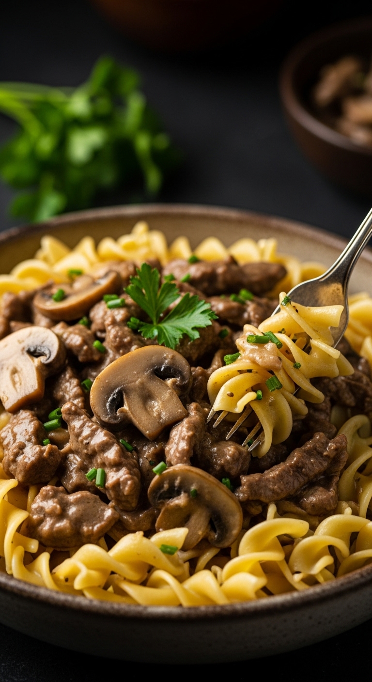Creamy-Beef-Stroganoff-Buttery-Egg-Noodles-Tender-Beef-Mushrooms-Parsley-Garnish