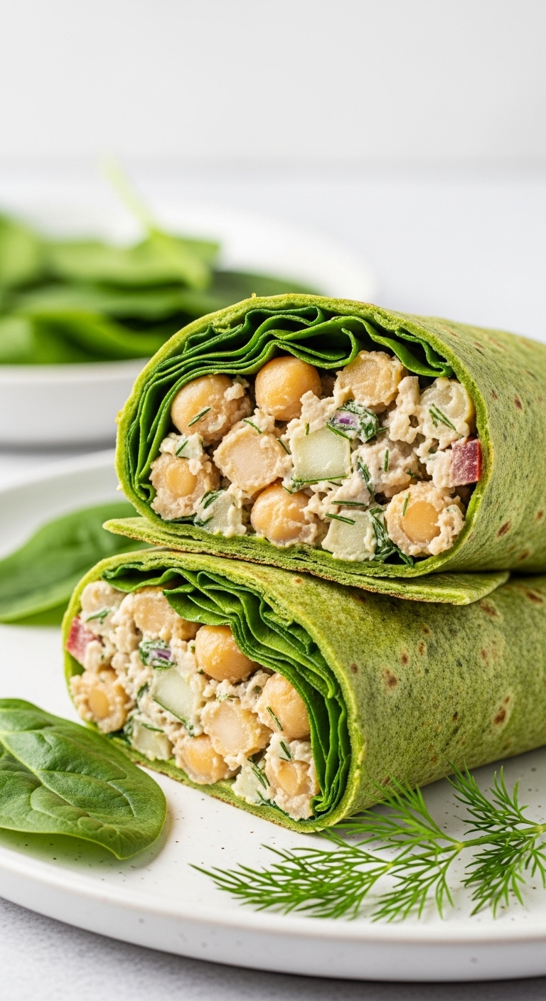 Creamy-Chickpea-Salad-Wrap-Spinach-Tortilla-Dill-Garnish-Healthy-Texture-Plate