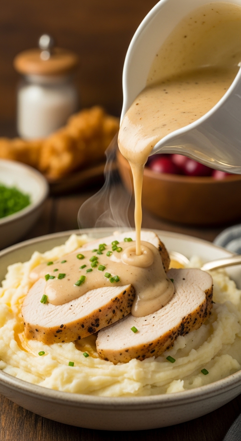 Creamy Comfort Dish With Mashed Potatoes Chicken Slices Thick Gravy And Fresh Chives In Rustic Bowl