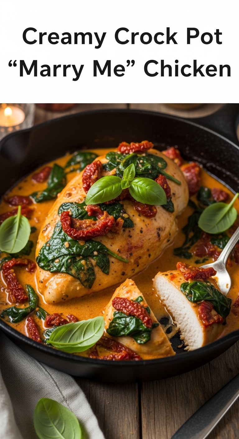 Creamy Crock Pot Marry Me Chicken In Cast Iron Skillet With Sun-Dried Tomatoes Spinach Basil And Juicy Chicken Breast