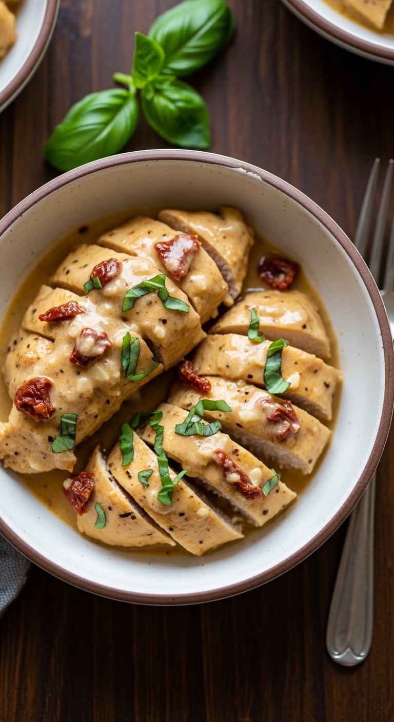 Creamy Crockpot Marry Me Chicken With Sun Dried Tomatoes Fresh Basil In Rustic Bowl