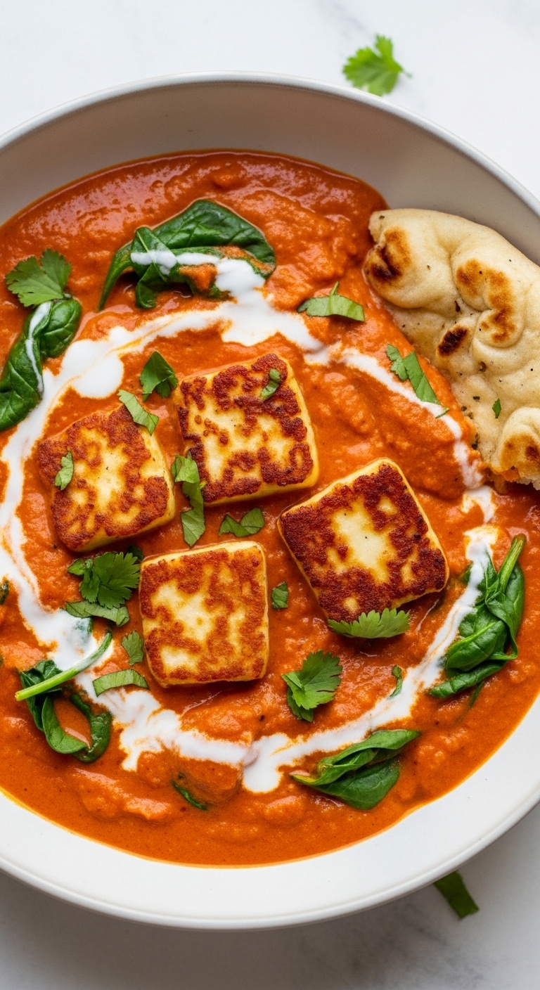 Creamy-Halloumi-Tomato-Curry-Naan-Dipping-Coconut-Milk-Spinach