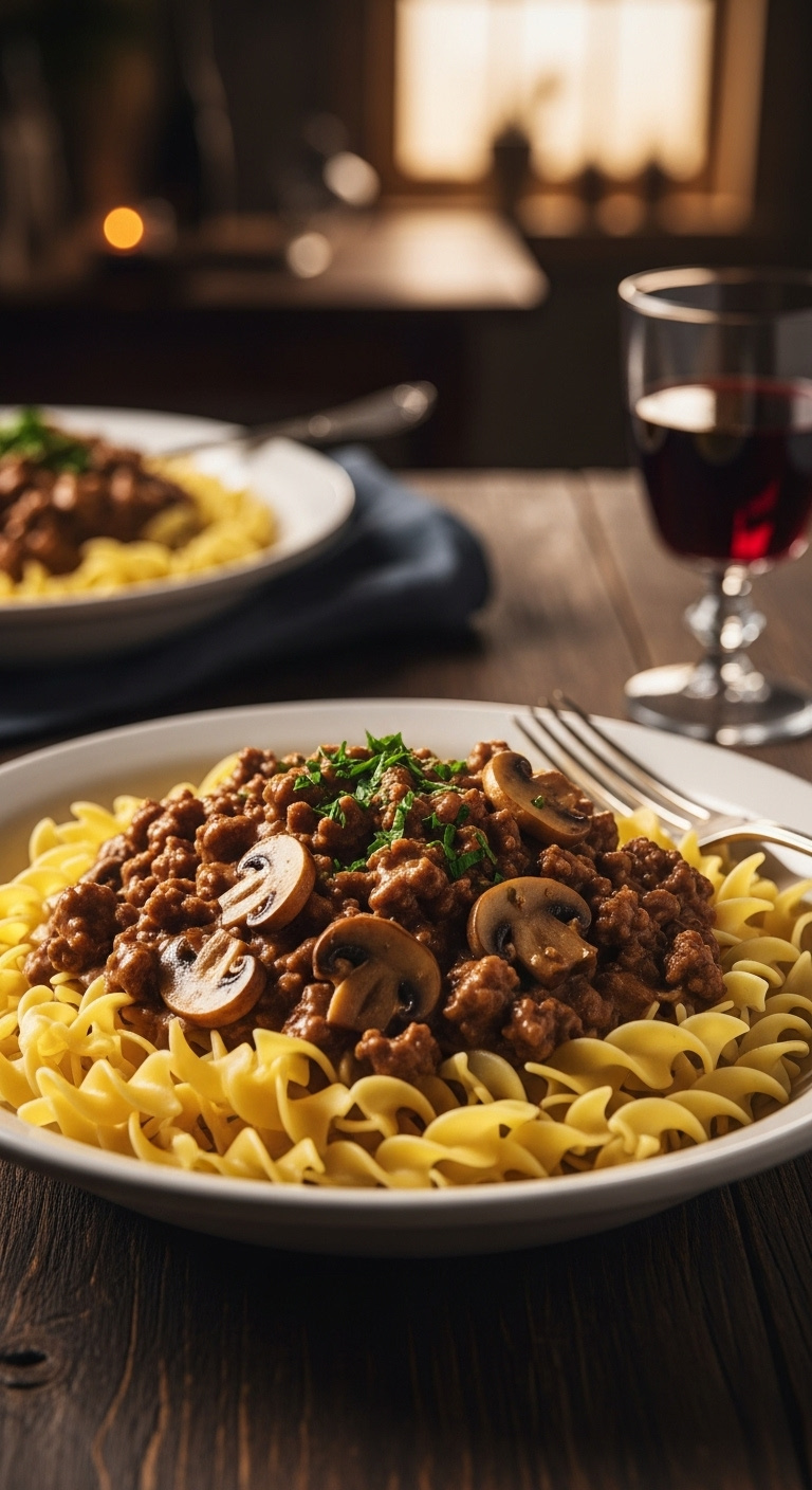 Creamy-Hamburger-Stroganoff-Egg-Noodles-Ground-Beef-Mushrooms-Parsley