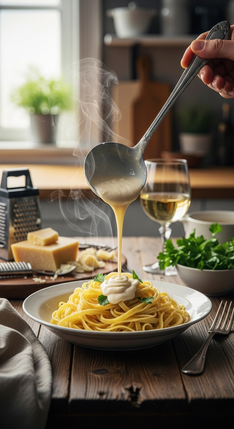Creamy-Homemade-Alfredo-Sauce-Poured-Over-Fettuccine-Steam-Parmigiano-Wine-Parsley