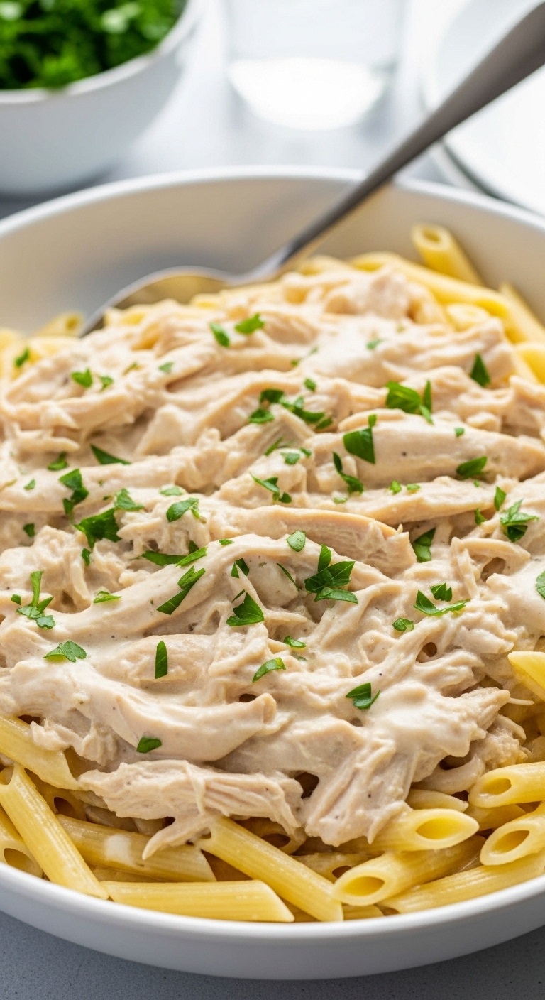 Creamy Italian Chicken Over Penne Pasta With Parsley Garnish In Large Serving Bowl With Spoon Ready To Dish Out