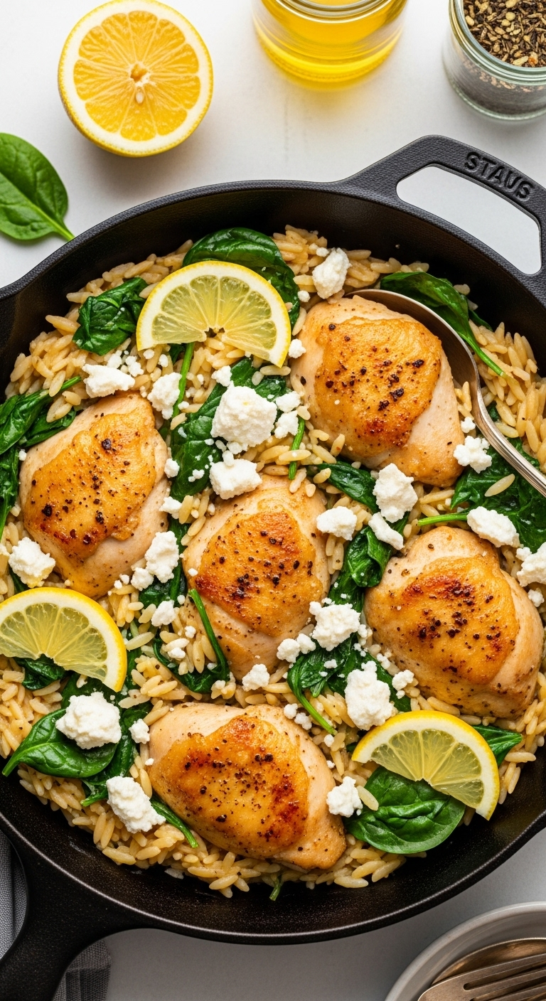 Creamy-Orzo-Spinach-Golden-Chicken-Feta-Lemon-Skillet-Mediterranean-Dish