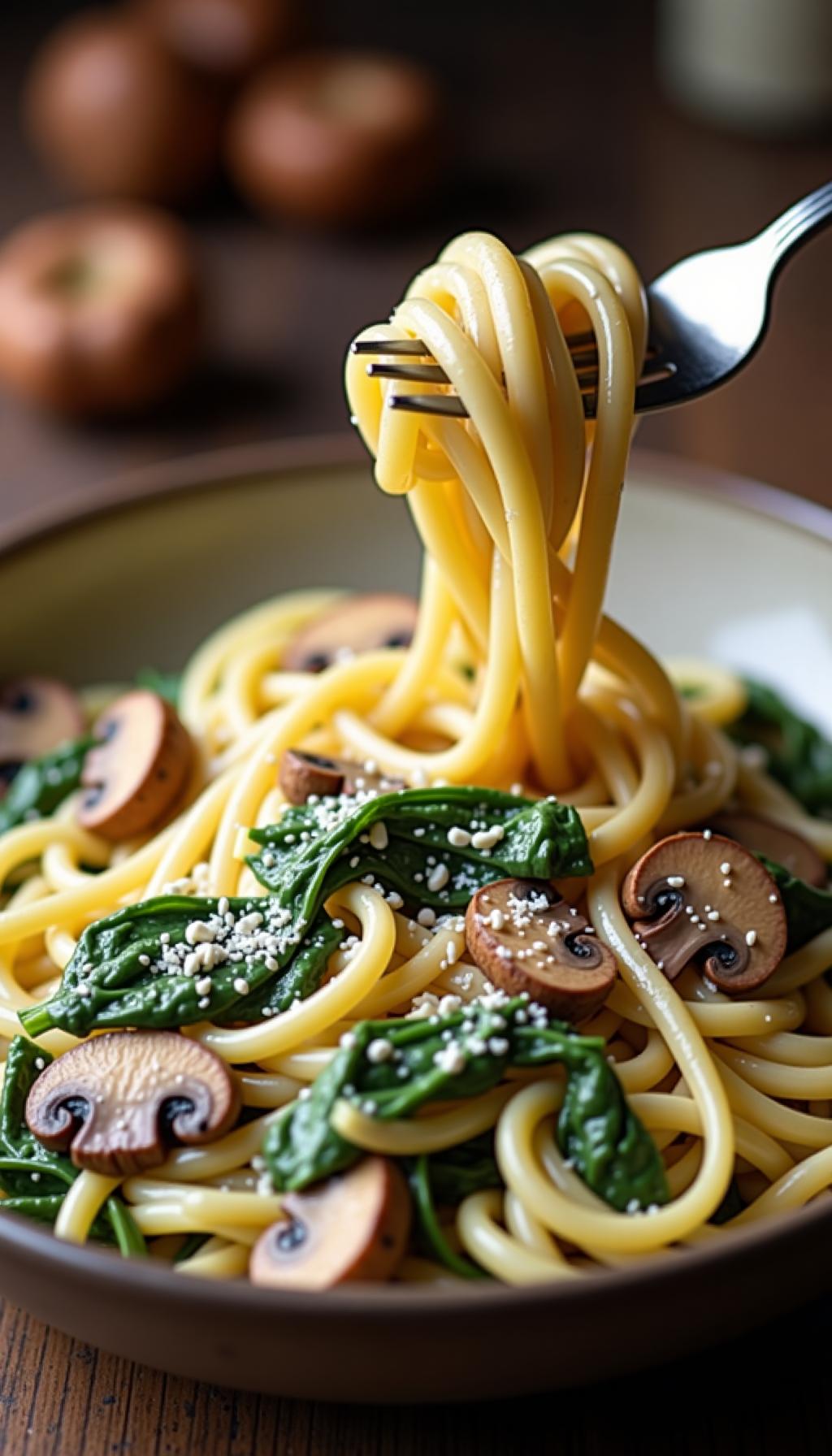Creamy Pasta With Mushrooms Spinach And Parmesan Twirled With Fork In Rustic Ceramic Bowl