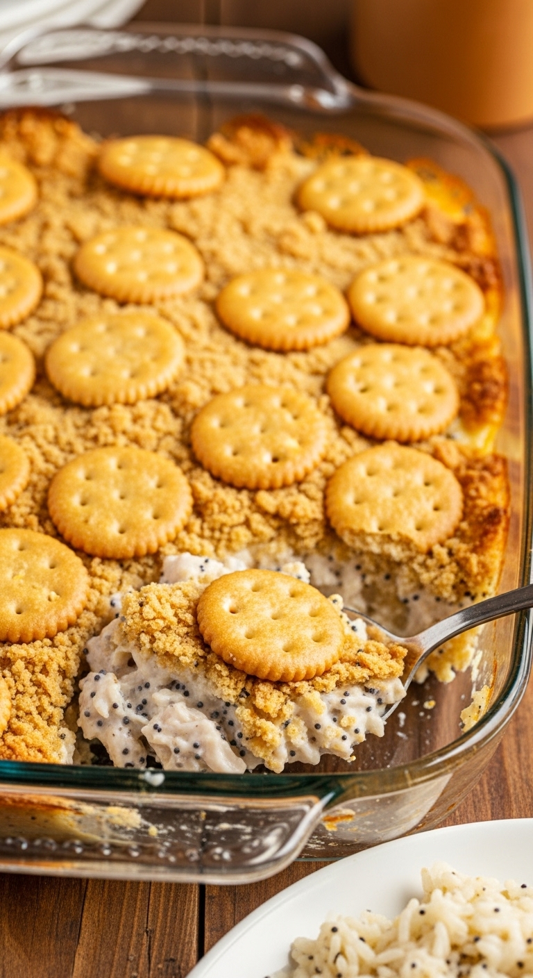 Creamy Poppy Seed Chicken Casserole With Golden Ritz Cracker Topping Served Over Rice In Vintage Glass Dish