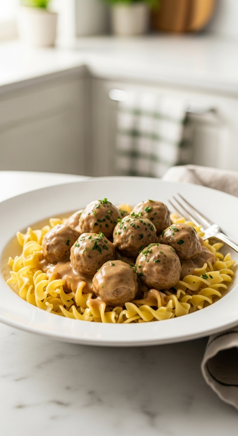 Creamy-Swedish-Meatballs-Egg-Noodles-Marble-Countertop-Fresh-Parsley
