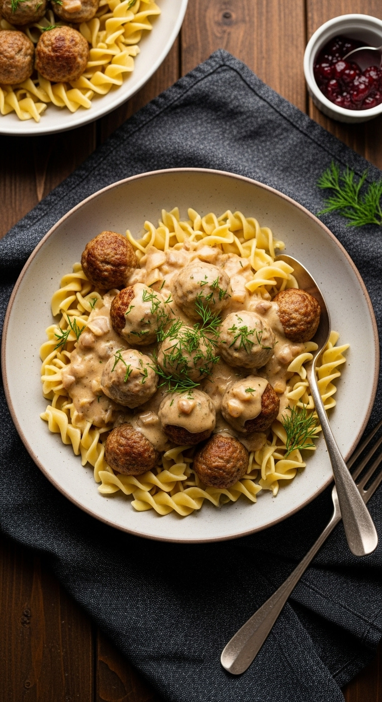 Creamy-Swedish-Meatballs-On-Egg-Noodles-With-Gravy-Dill-And-Lingonberry-Jam