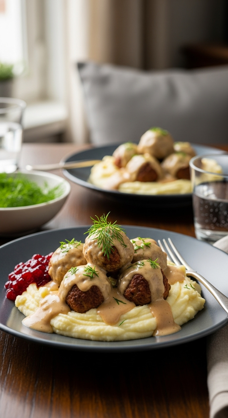 Creamy-Swedish-Meatballs-On-Mashed-Potatoes-With-Gravy-Lingonberry-Jam-And-Dill