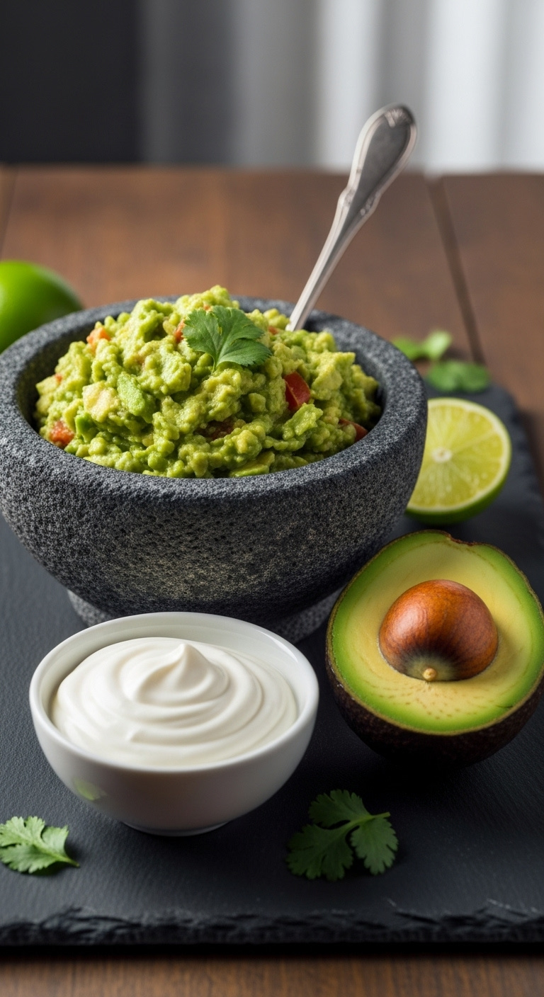 Creamy-Taco-Toppings-Guacamole-Sour-Cream-Avocado-On-Slate-Board-With-Cilantro